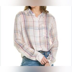 Anthropologie Dylan White Plaid Button up lightweight Flannel sz XS